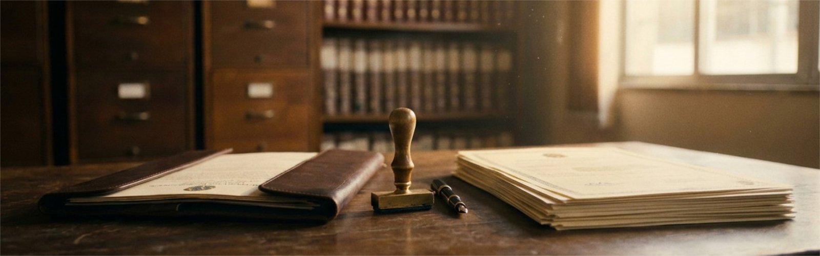 Escrivaninha de cartório com livro de registro aberto, carimbo, caneta e pilha de certidões, diante de arquivos de madeira